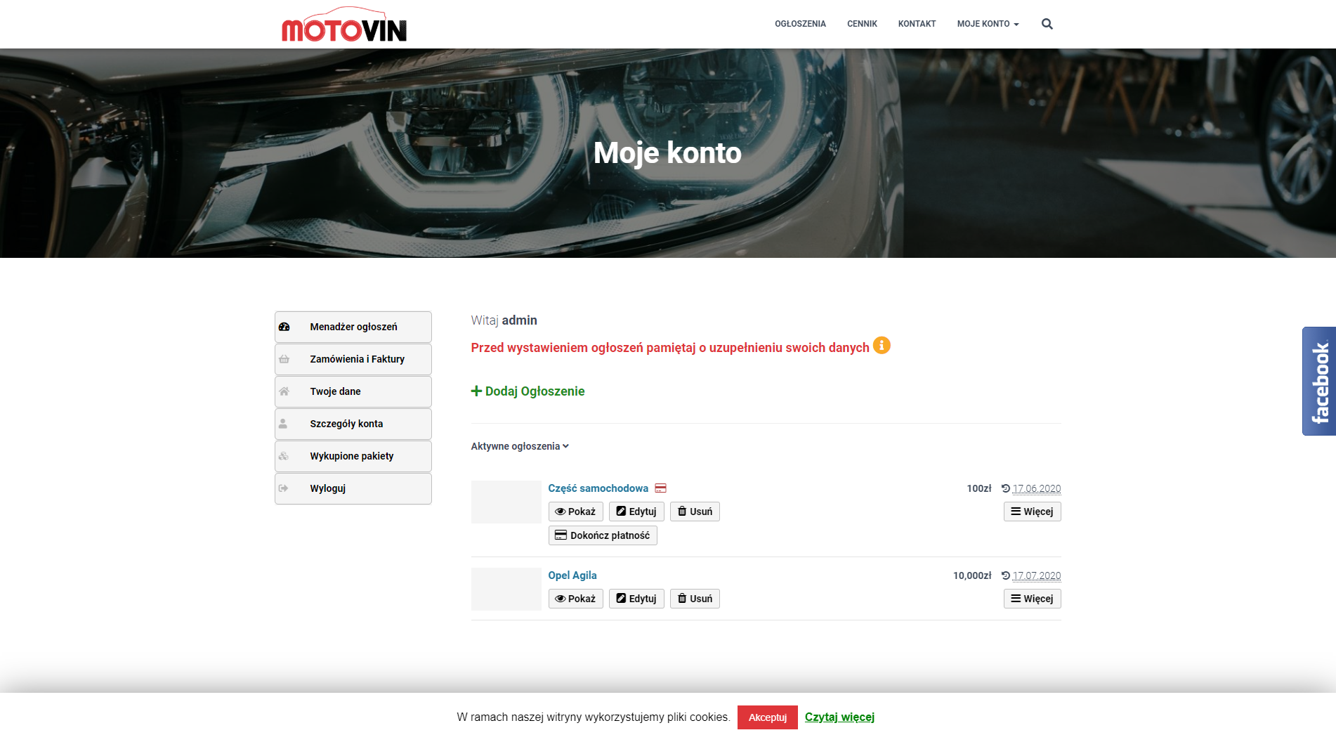 Motovin page view - user's account - active offers
