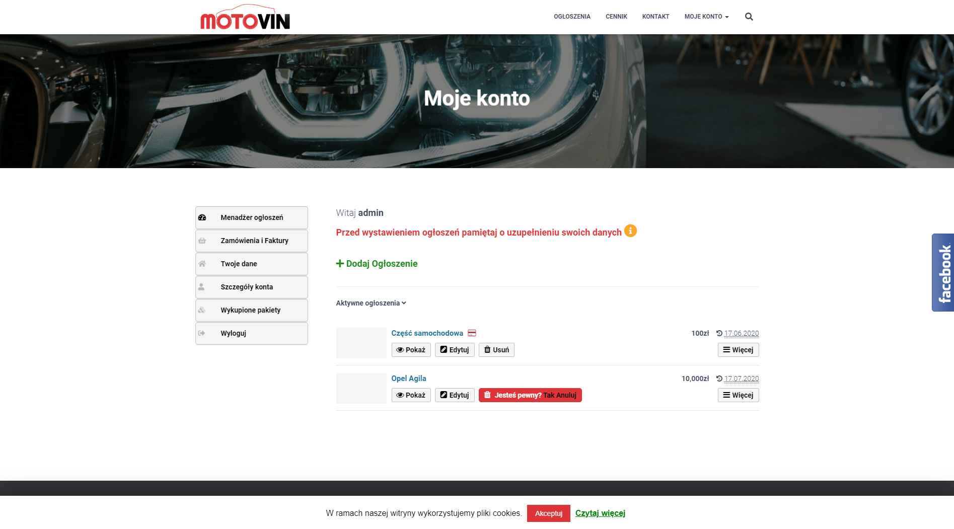 Motovin page view - user's account - cancelling an ad