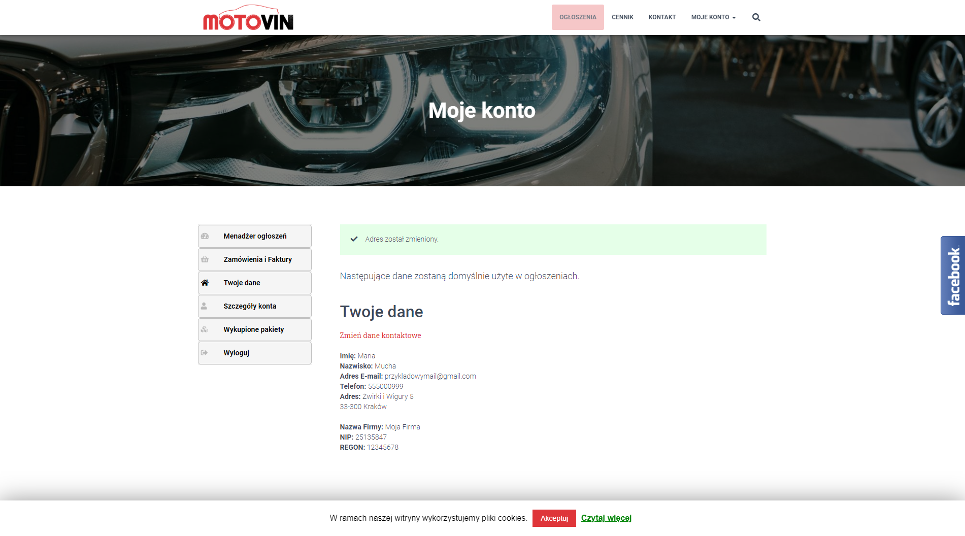 Motovin page view - user's account - changing personal data