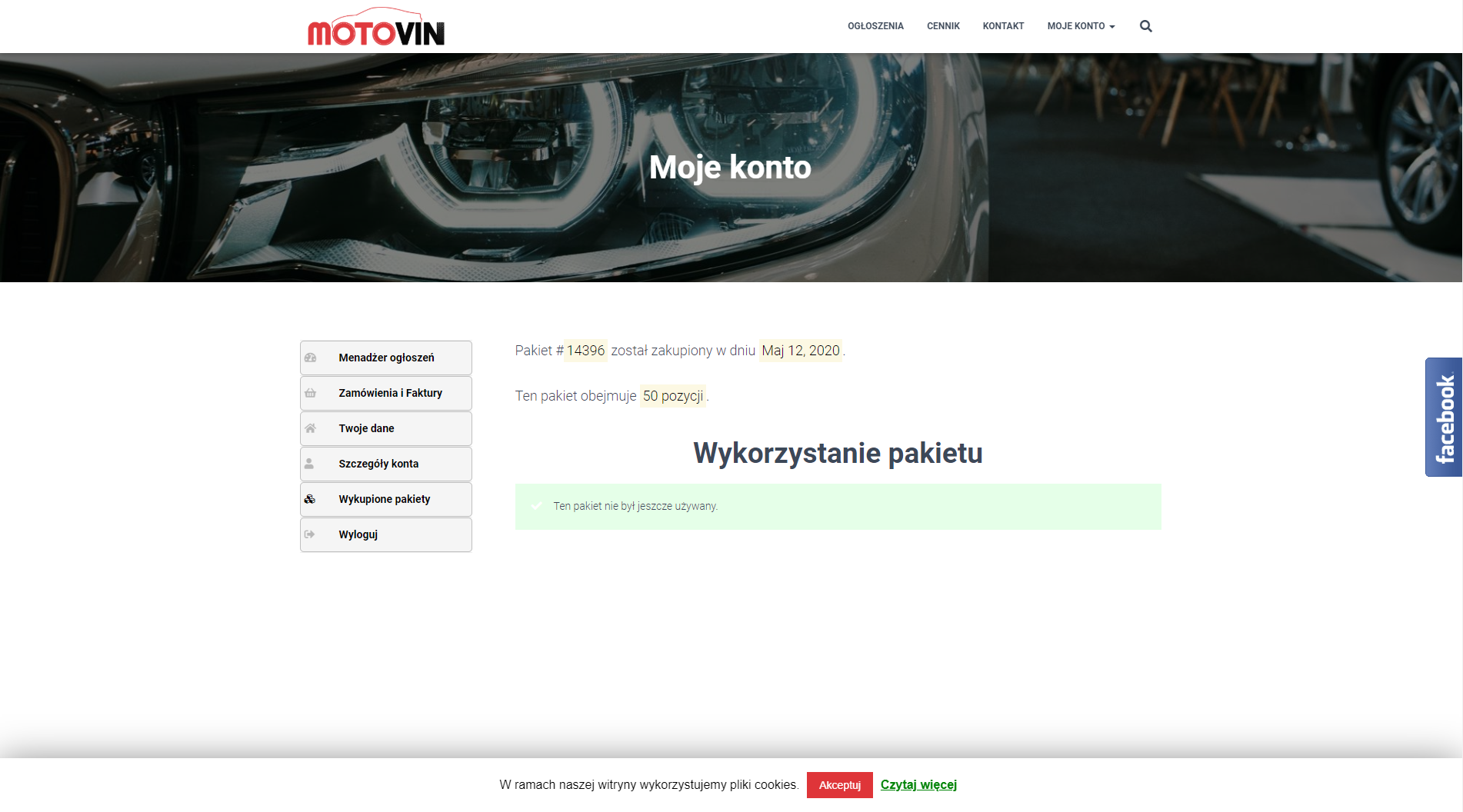 Motovin page view - user's account - active package of ads