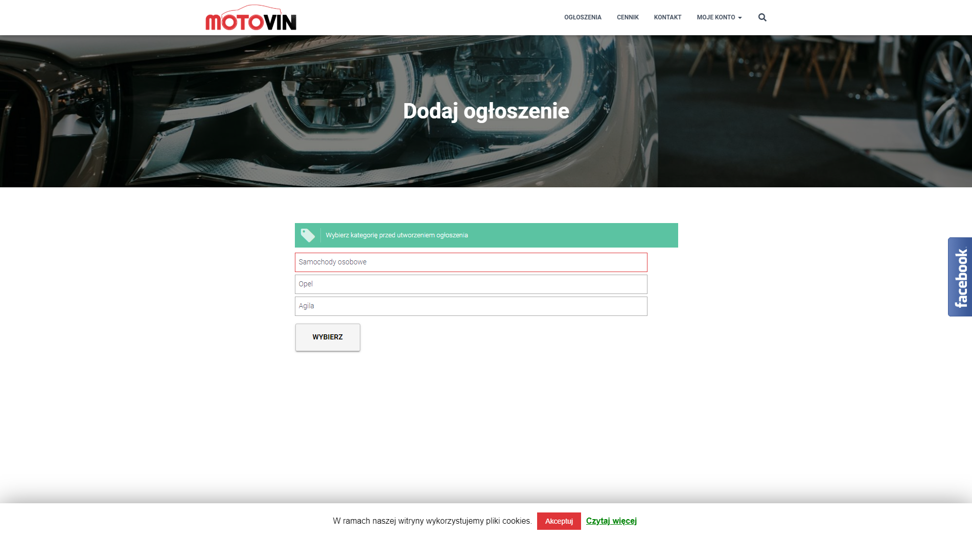 Motovin page view - adding new ads - selecting category