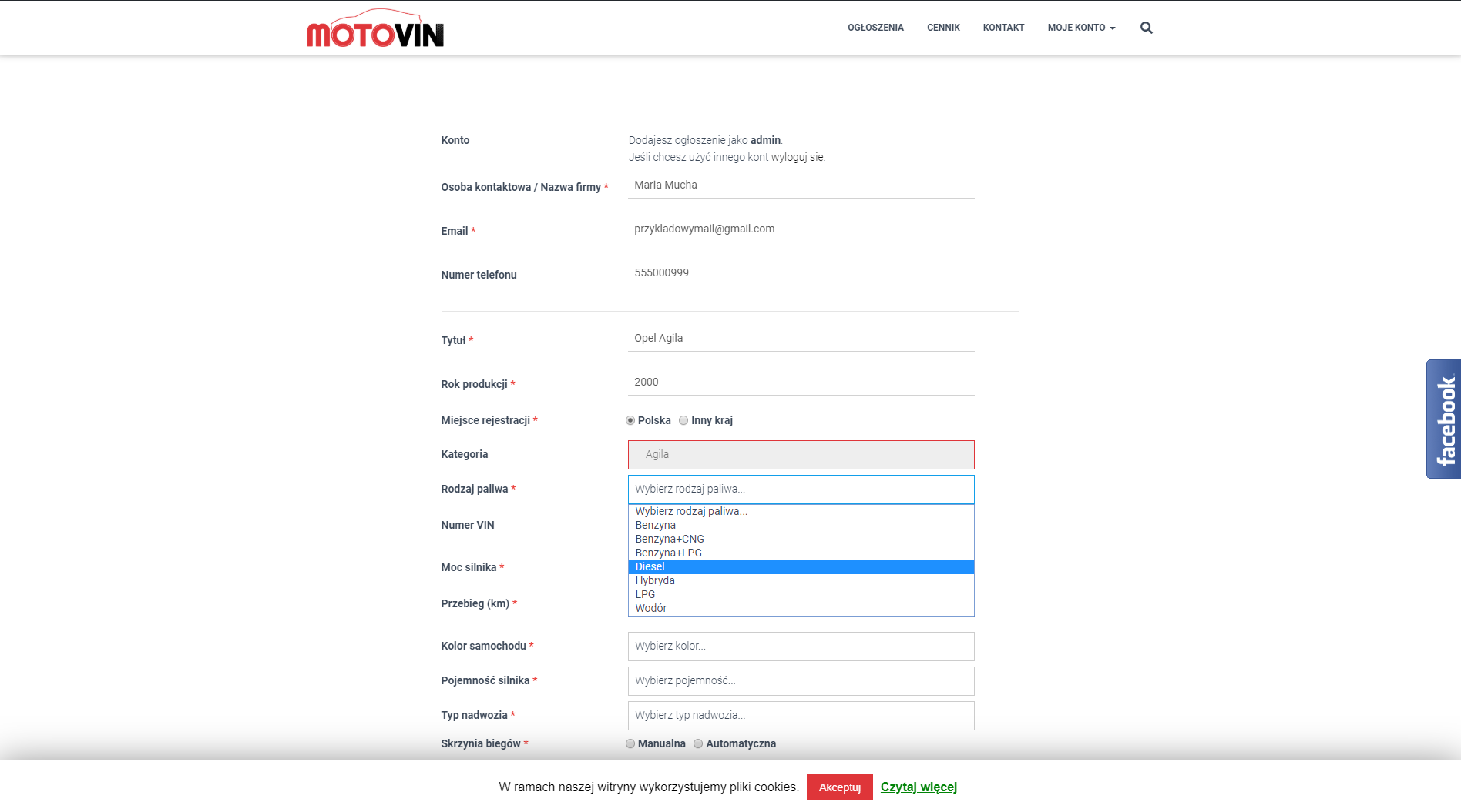 Motovin page view - new ads - add form